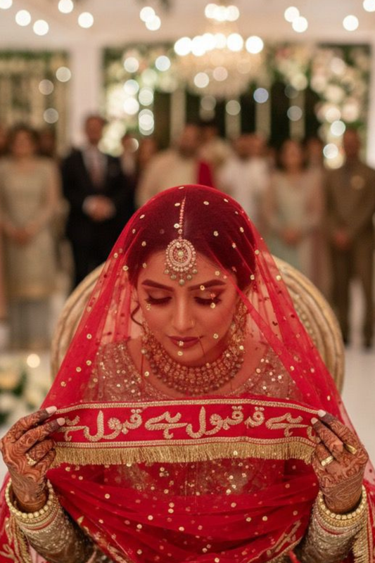 Red “Qabool HaiBridal Dupatta –Handcrafted Nikah Veil with Golden Embroidery | Pakistani Wedding Dupatta