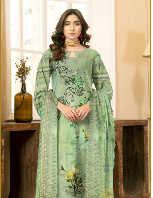 Premium Pastel Green Floral Printed Lawn Suit (Unstitched) 3 piece