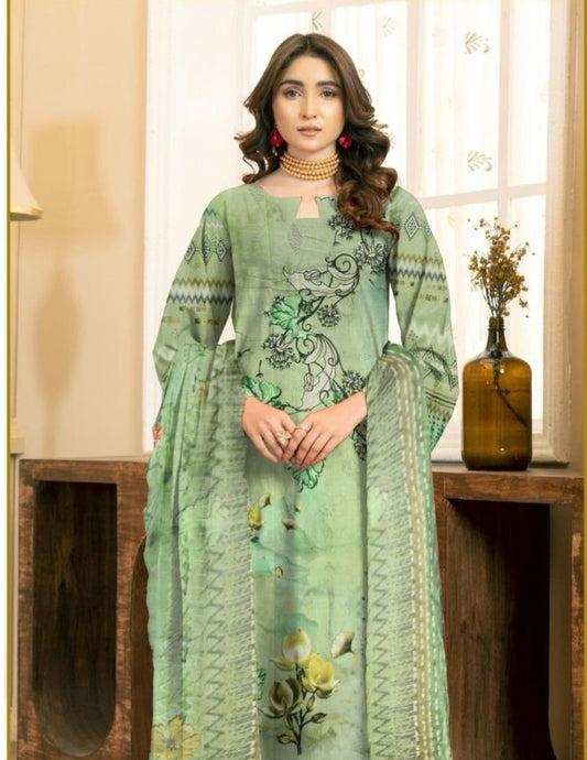 Premium Pastel Green Floral Printed Lawn Suit (Unstitched) 3 piece