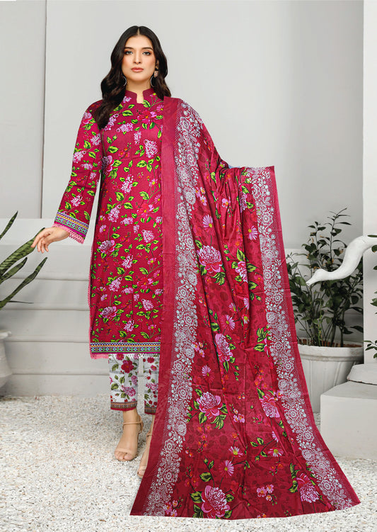 3 Piece Shocking Pink Color Lawn Printed UnStitched Suit Lawn Dupatta(Unstitched)