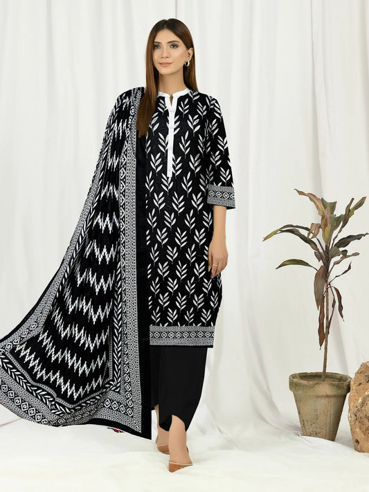 3-Pc Printed khadar Black White suit with khadar Dupata(Unstitched)Premium Winter Collection