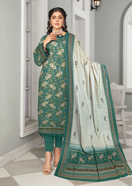 3-Pc Printed Khaddar Floral Unstitched Suit with Khaddar Printed Dupatta(Premium Winter Collection)