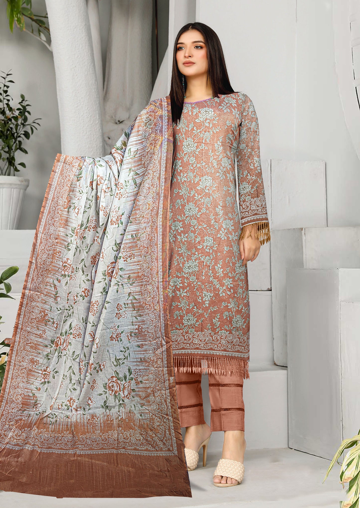 3-Piece Premium golden printed lawn suit with printed lawn dupatta(Unstitched)