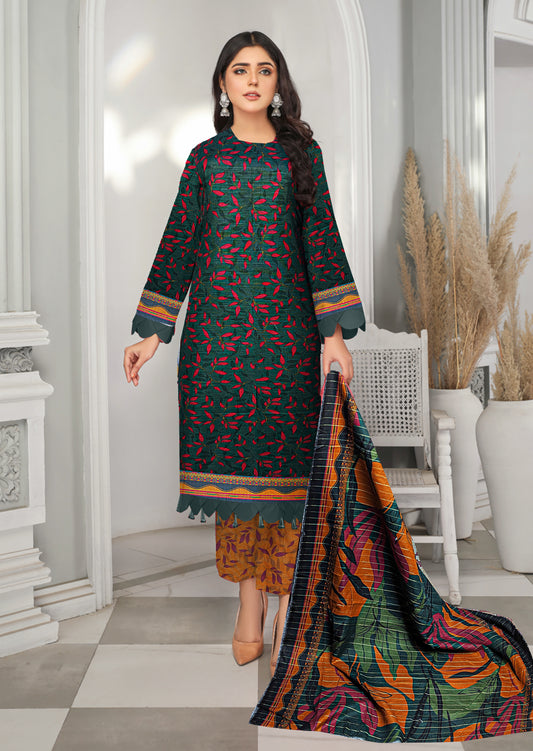 3-Pc Printed Khaddar Floral Unstitched Suit with Khaddar Printed Dupatta(Premium Winter Collection)