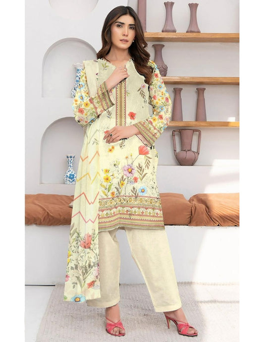 Soft Cream Floral Printed Lawn Suit (Unstitched) 3 Piece