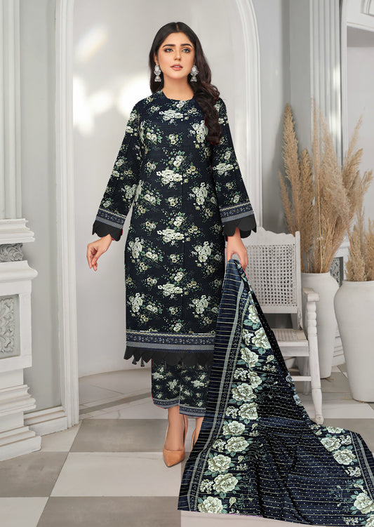 3-Pc Printed Khaddar Floral Unstitched Suit with Khaddar Printed Dupatta(Premium Winter Collection)