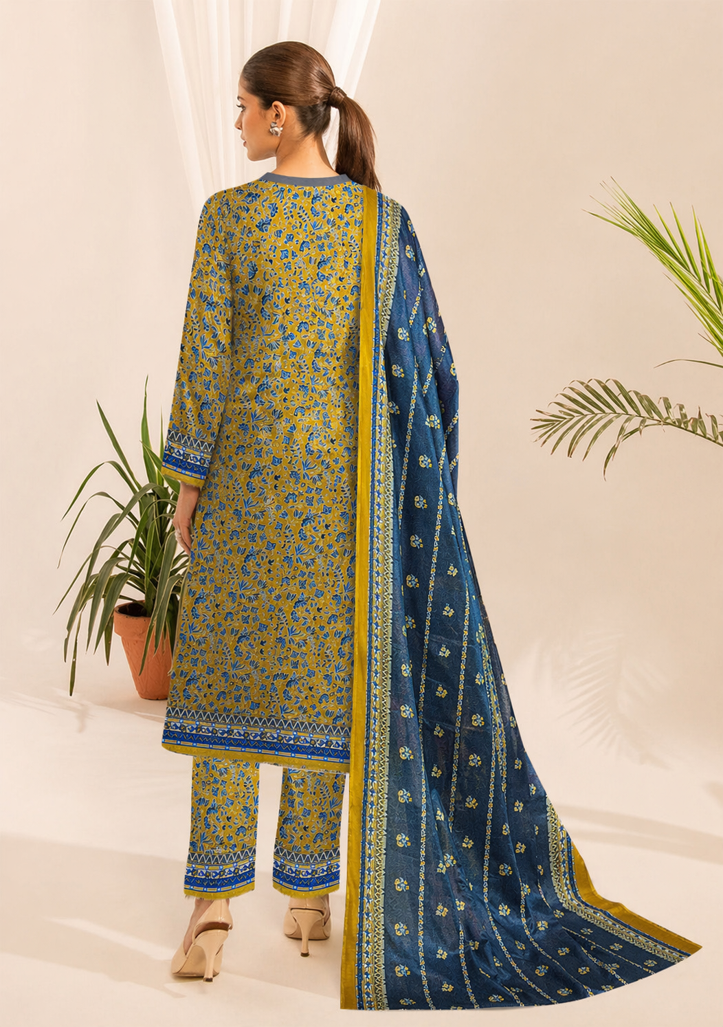 3-Pc Premium light yellow blue digital floral  printed cotton lawn shirt & Dupatta(Unstitched)