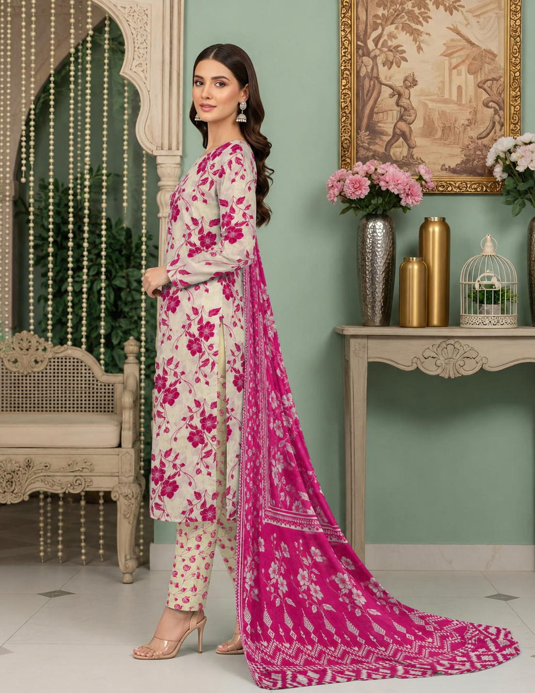 Trendy Digital All Over Print 3 Piece Lawn Suit with Voile Dupatta