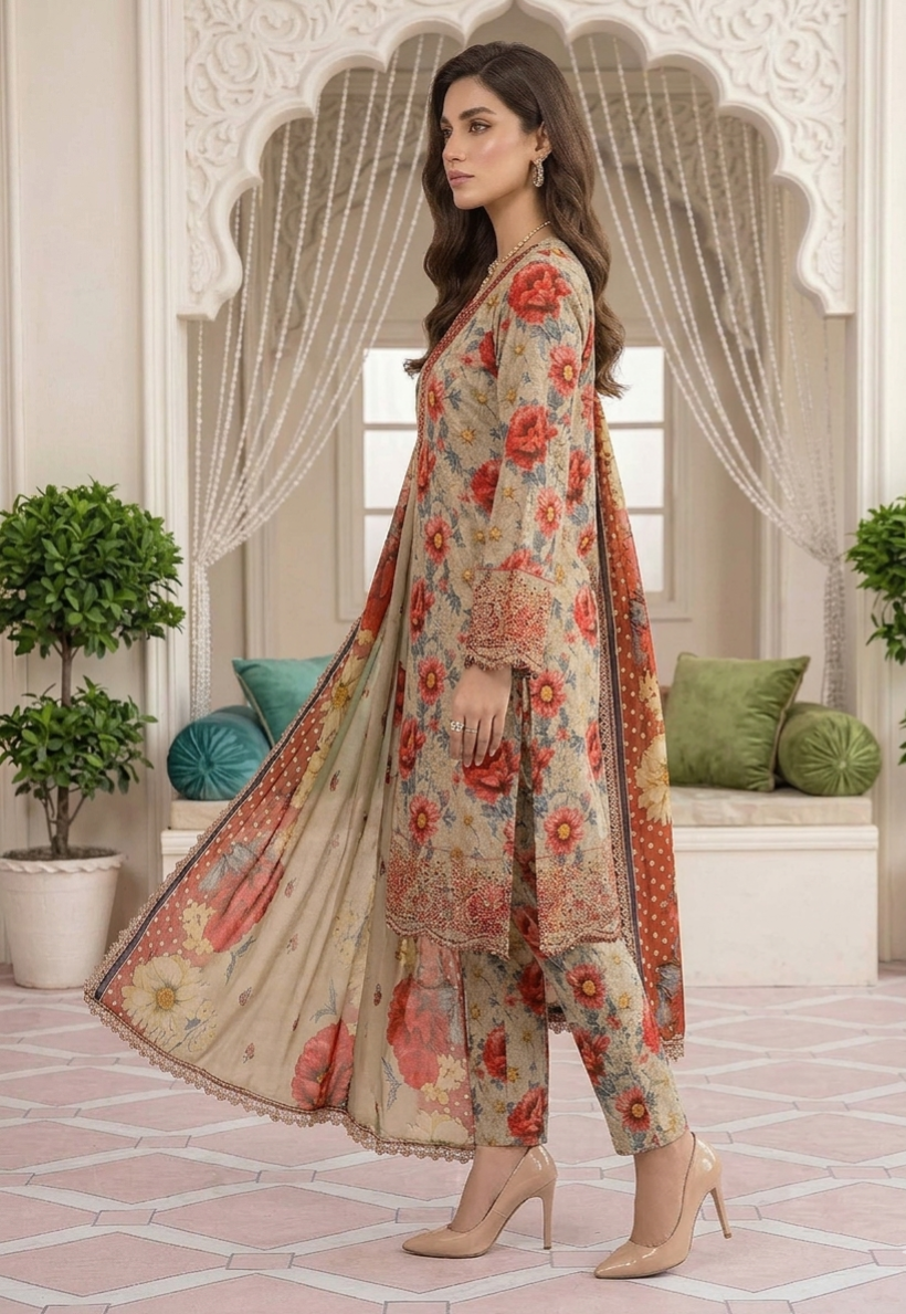 Printed Lawn 3 Piece Unstitched Suit – Sequins Patch Shirt with Chiffon Lace Dupatta