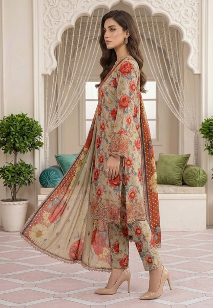 Printed Lawn 3 Piece Unstitched Suit – Sequins Patch Shirt with Chiffon Lace Dupatta