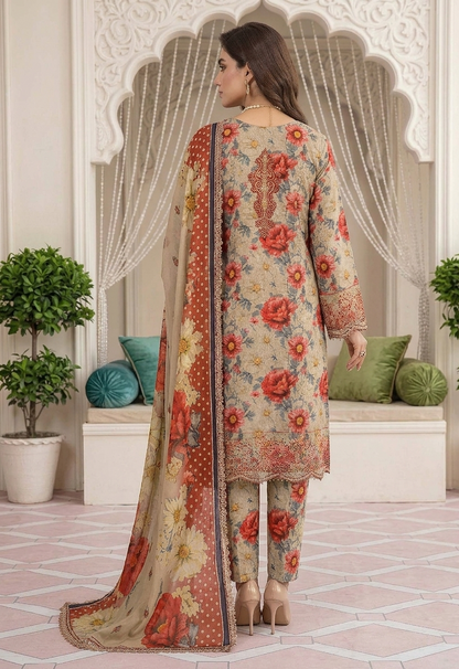 Printed Lawn 3 Piece Unstitched Suit – Sequins Patch Shirt with Chiffon Lace Dupatta