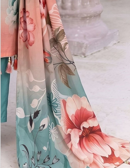 Premium Floral Air Jet Lawn Dress with Voil Dupatta – Unstitched