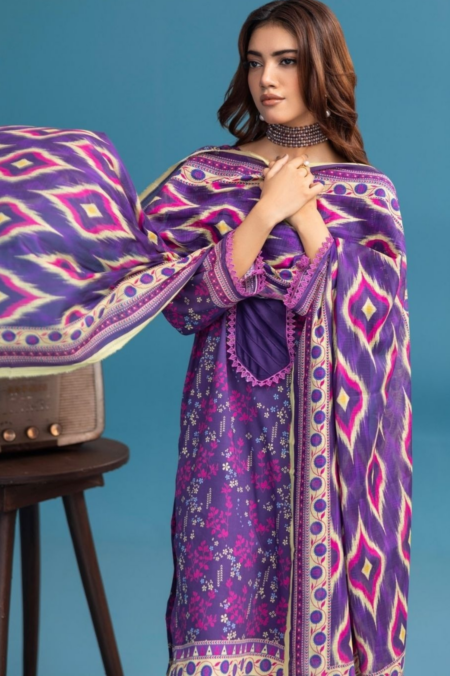 3-pc Premium purple Blue Digital Printed Floral Lawn suit with Chiffon Dupatta(Unstitched)