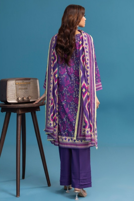 3-pc Premium purple Blue Digital Printed Floral Lawn suit with Chiffon Dupatta(Unstitched)