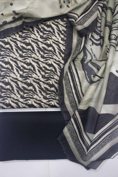 3-Piece Premium Black grey white printed Lawn suit (Unstitched)