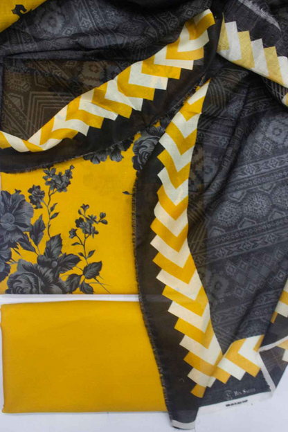3-Piece Mustard Black Floral Unstitched Lawn Suit