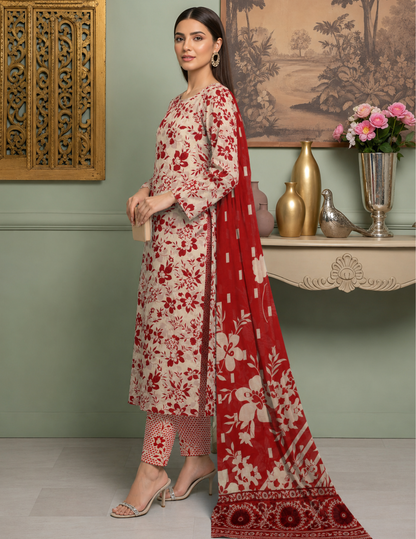 Stylish 3 Piece Unstitched All Over Print Lawn Suit with Voile Dupatta