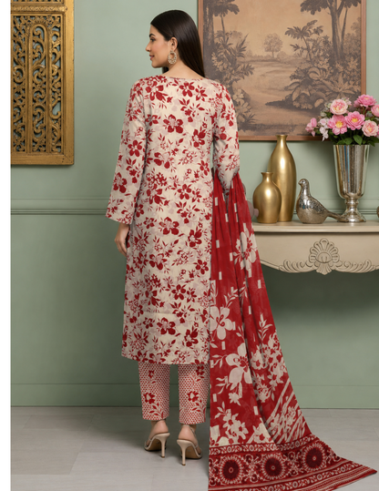 Stylish 3 Piece Unstitched All Over Print Lawn Suit with Voile Dupatta