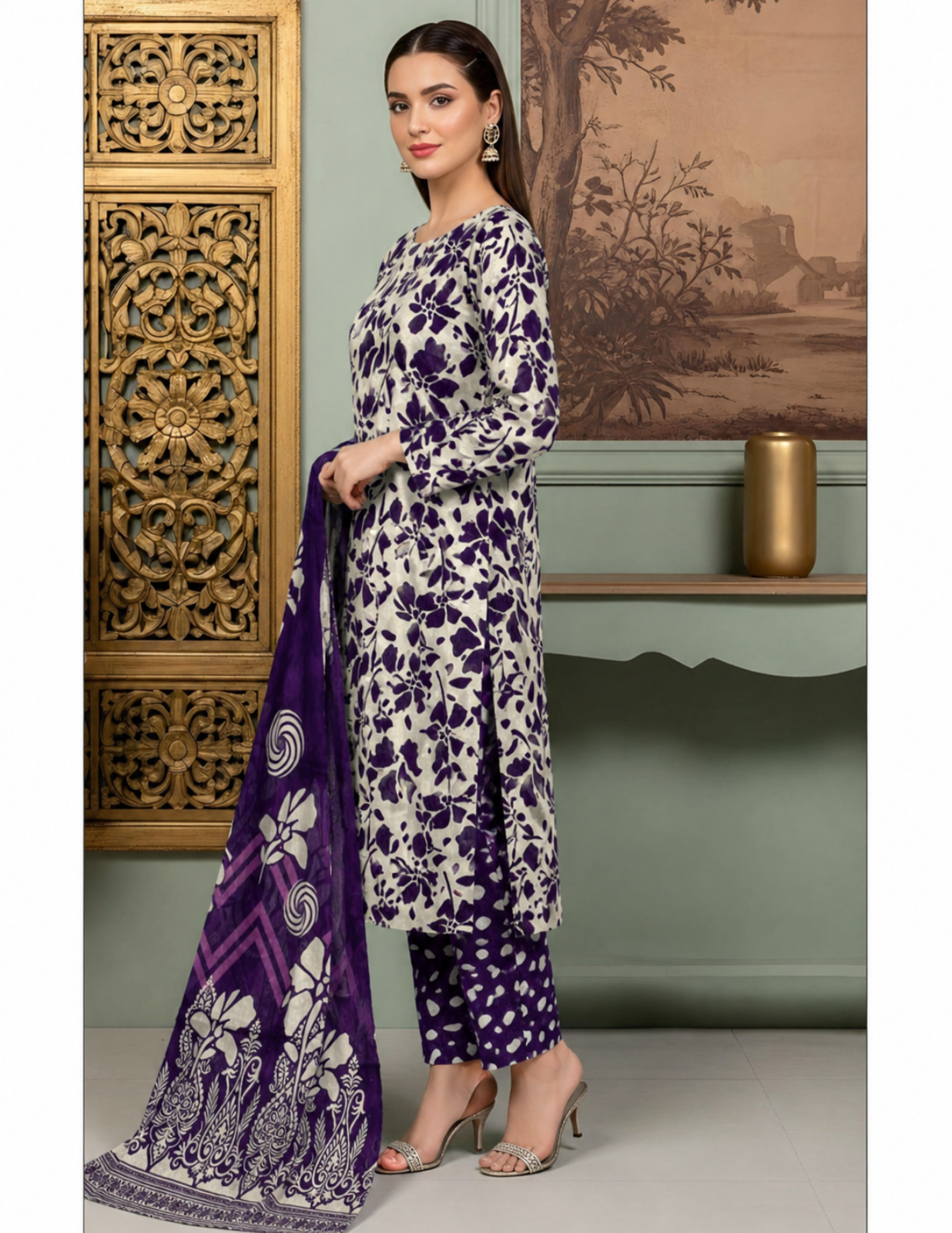 Premium All Over Printed 3 Pc Lawn Suit with Voile Dupatta (Unstitched)