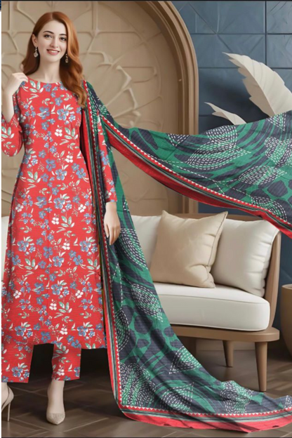 3-Piece Premium Unstitched Lawn Suit-Scarlet Red Floral