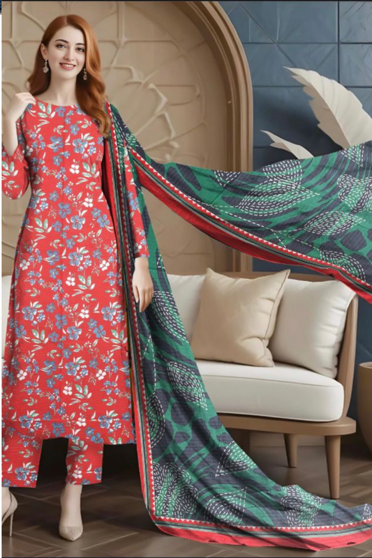 3-Piece Premium Unstitched Lawn Suit-Scarlet Red Floral