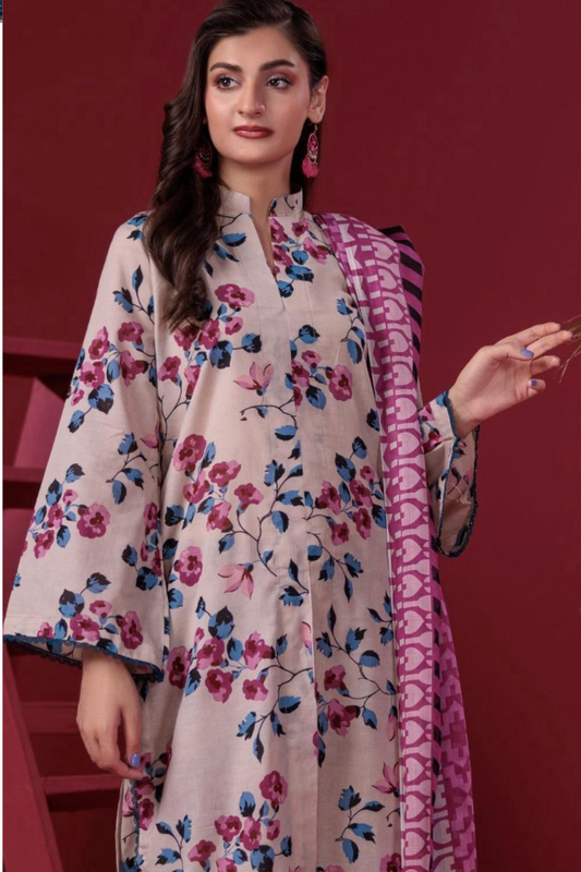 3-Piece Premium Beige Floral Unstitched Lawn Suit