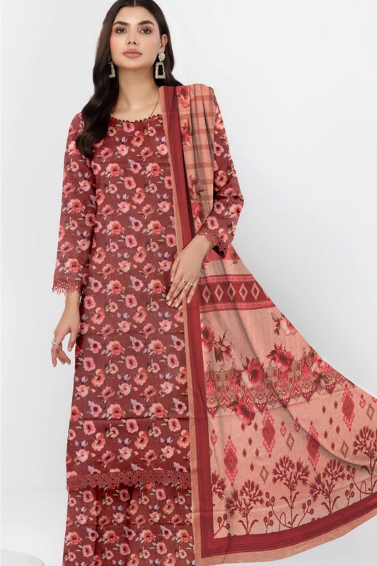 3-Pc Premium Rust Rose Floral–Unstitched Lawn Suit
