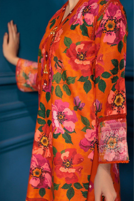 3-piece Orang Tangerine Coral Digital Floral Lawn Suit (Unstitched)