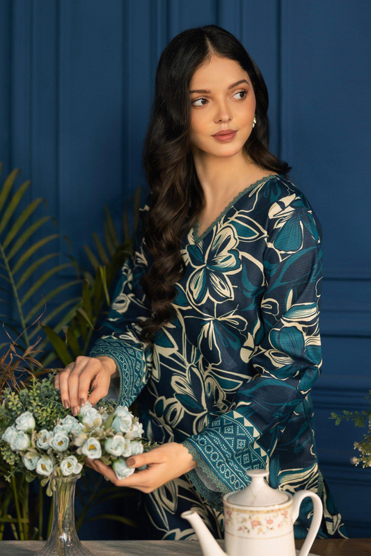 3-piece Premium Deep Teal Digital Floral Lawn Suit (Unstitched)