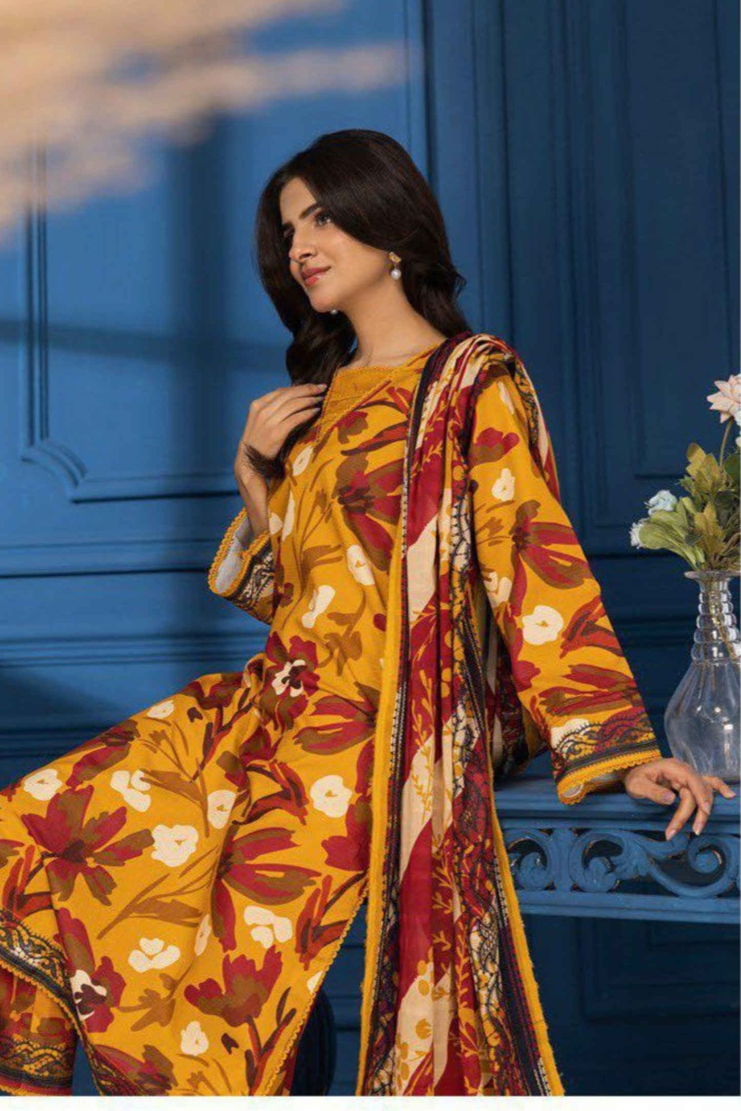 3-Piece Premium Mustard Maroon Digital Floral Lawn Suit (Unstitched)