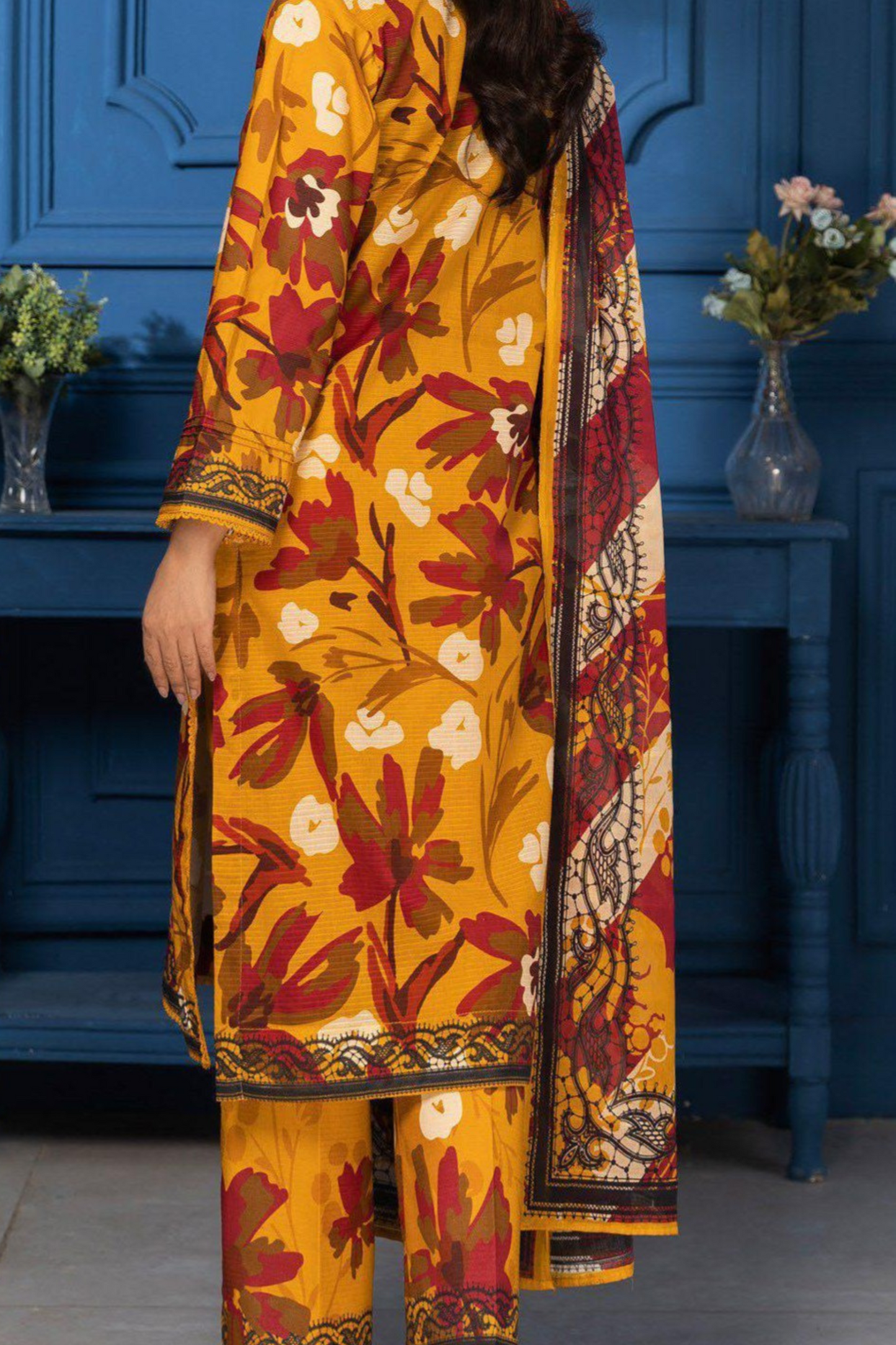 3-Piece Premium Mustard Maroon Digital Floral Lawn Suit (Unstitched)