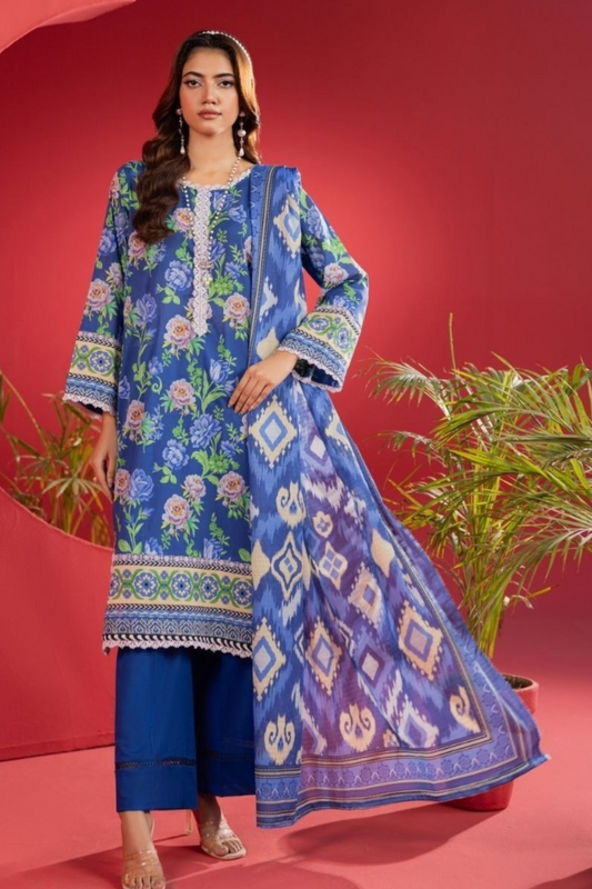 3-Piece Premium Unstitched Lawn Suit–Aqua purple