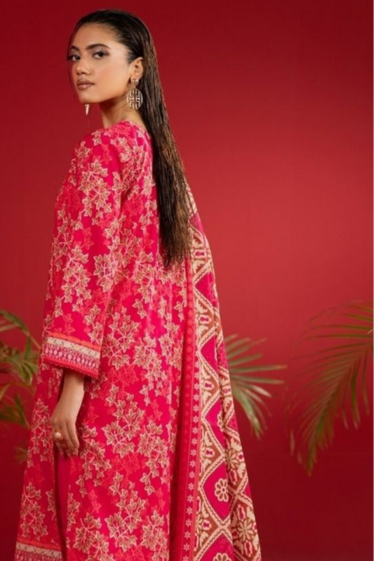 3-piece premium unstitched-lawn suit-Aqua red