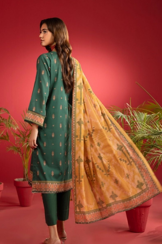 3-Piece Premium Unstitched Lawn Suit –Olive Green
