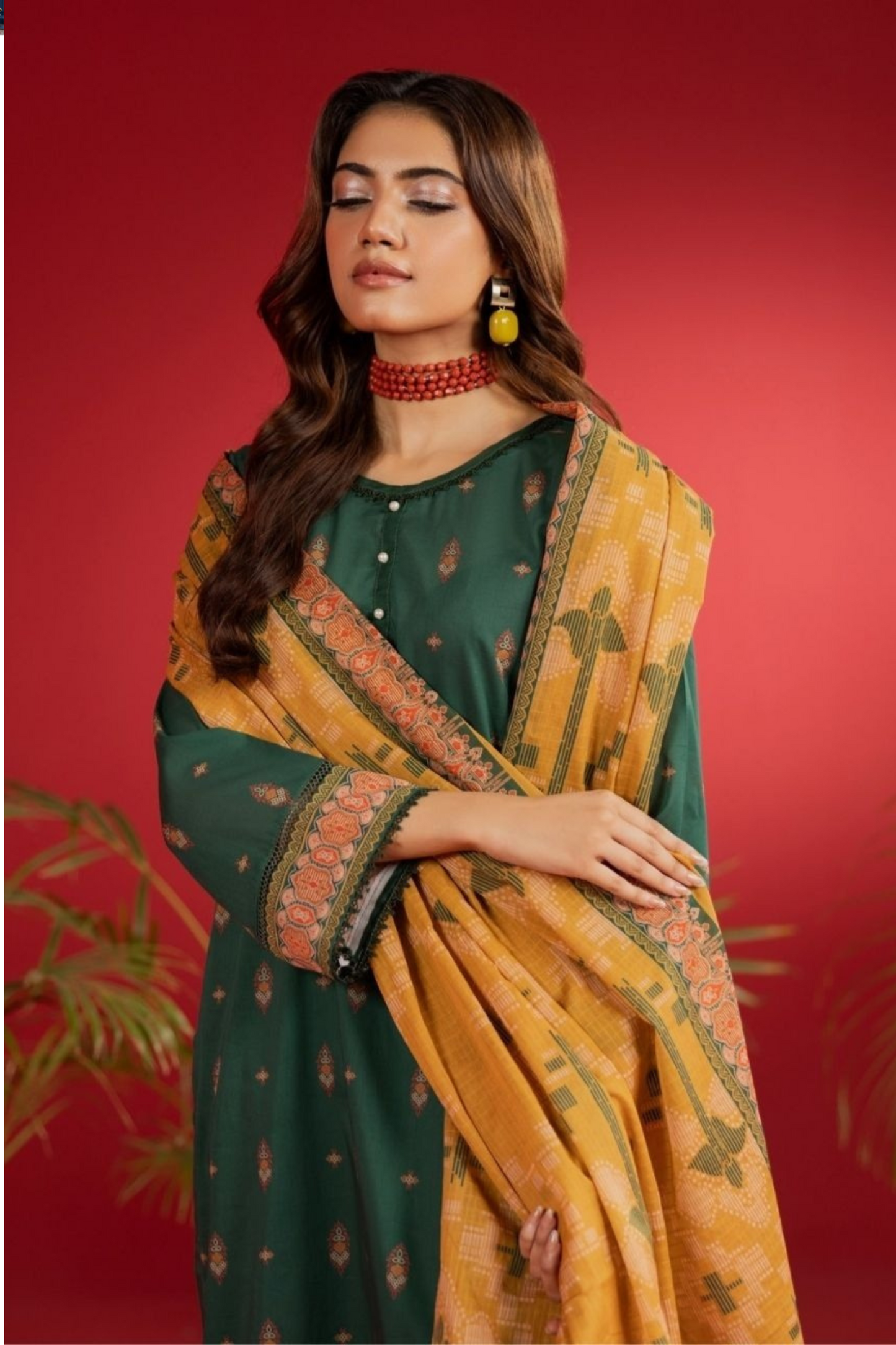 3-Piece Premium Unstitched Lawn Suit –Olive Green