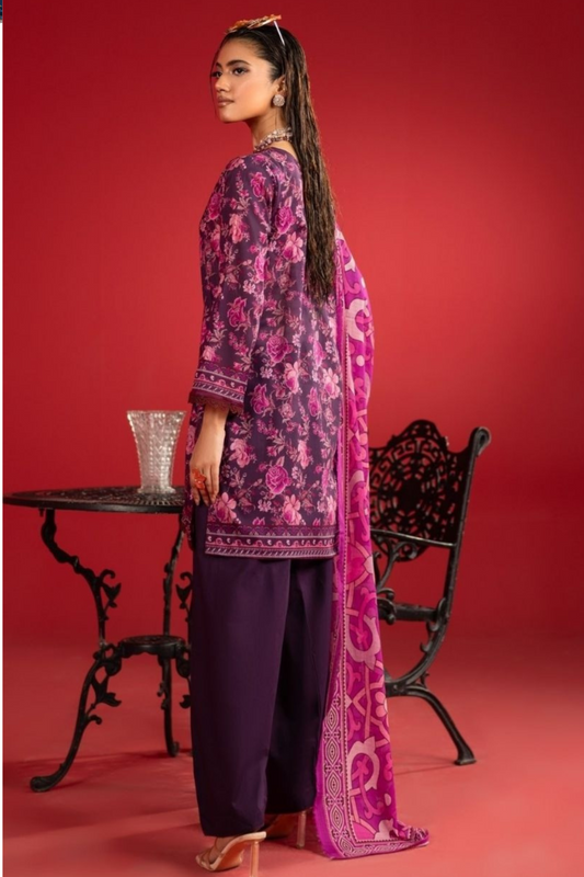3-Piece Premium Pinkish black floral Unstitched Lawn Suit