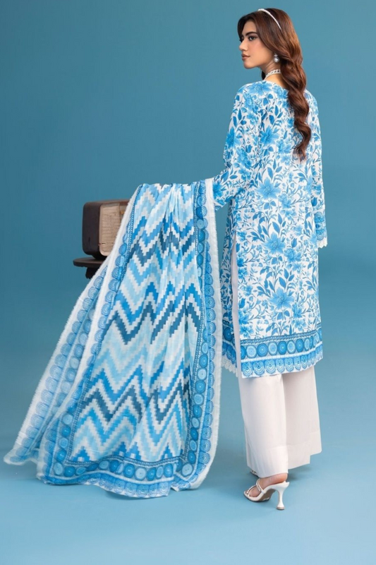 3-Pc Premium Sky white Lawn Suit with Chiffon Dupatta(Unstitched)
