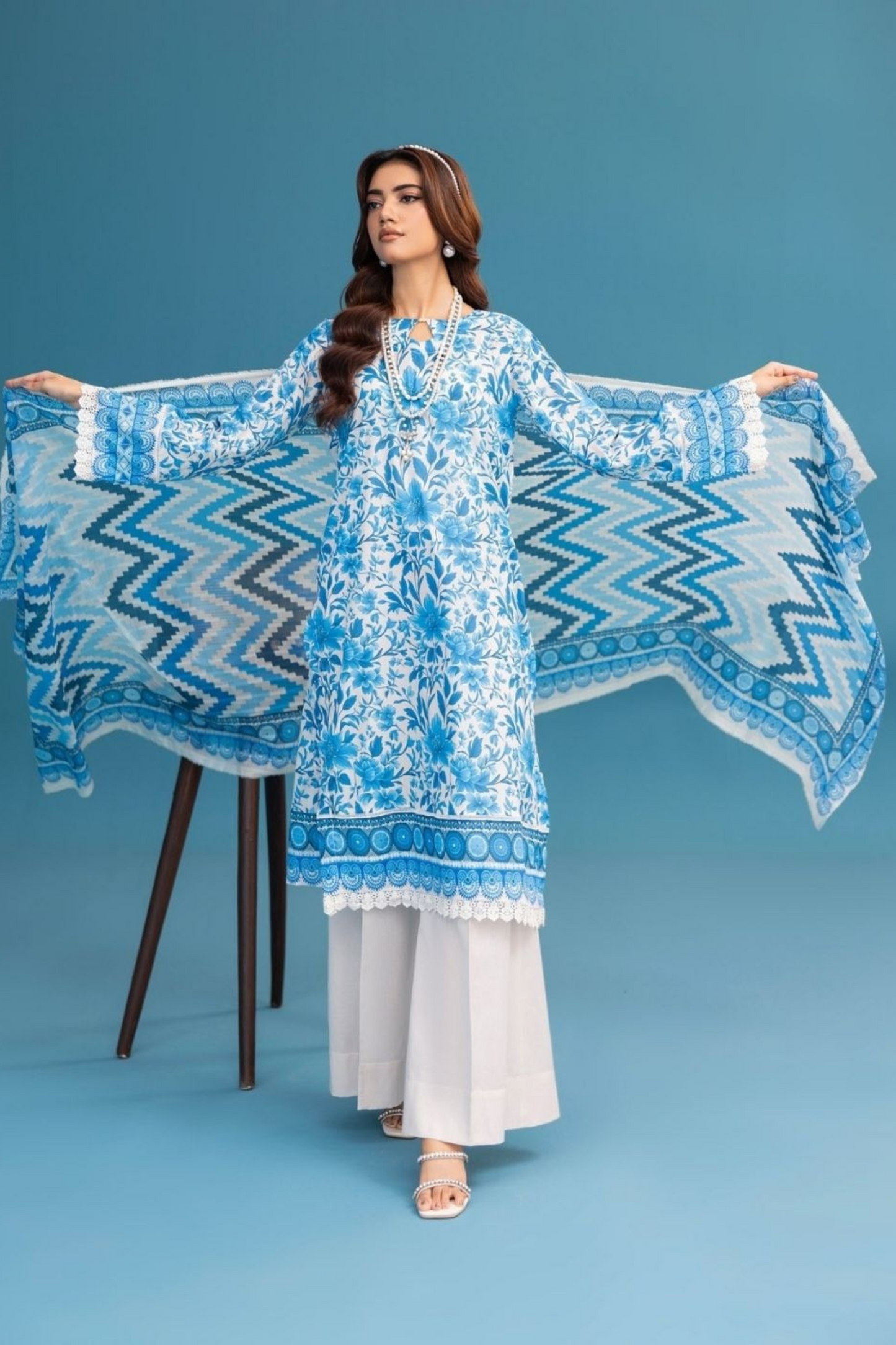 3-Pc Premium Sky white Lawn Suit with Chiffon Dupatta(Unstitched)