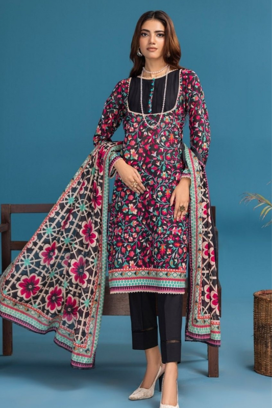 3-Pc Premium Digital Floral printed Lawn suit with Chiffon Dupatta(Unstitched)