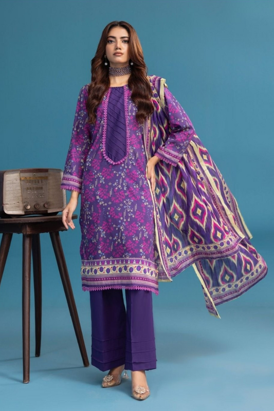 3-pc Premium purple Blue Digital Printed Floral Lawn suit with Chiffon Dupatta(Unstitched)