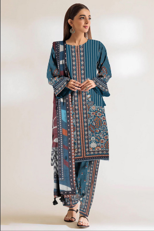 3-Piece Premium Teal Bloom Printed Unstitched Lawn Suit