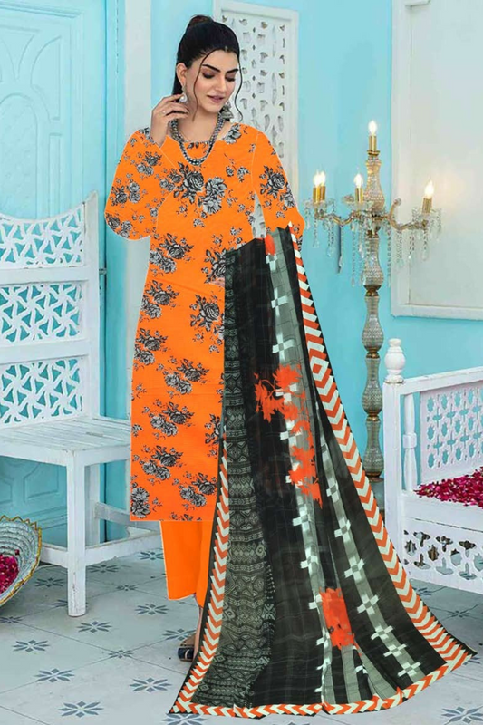 3-pc Premium Doria Viscoss Linen Printed Suit with Crinkle Chiffon Dupata (Unstitched)
