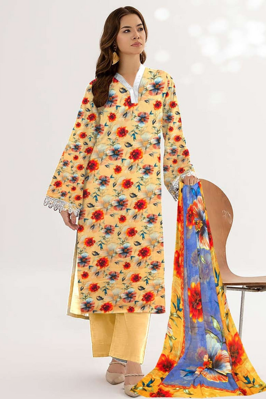 3-pc Premium Doria Viscoss Linen Printed Suit with Crinkle Chiffon Dupata (Unstitched)