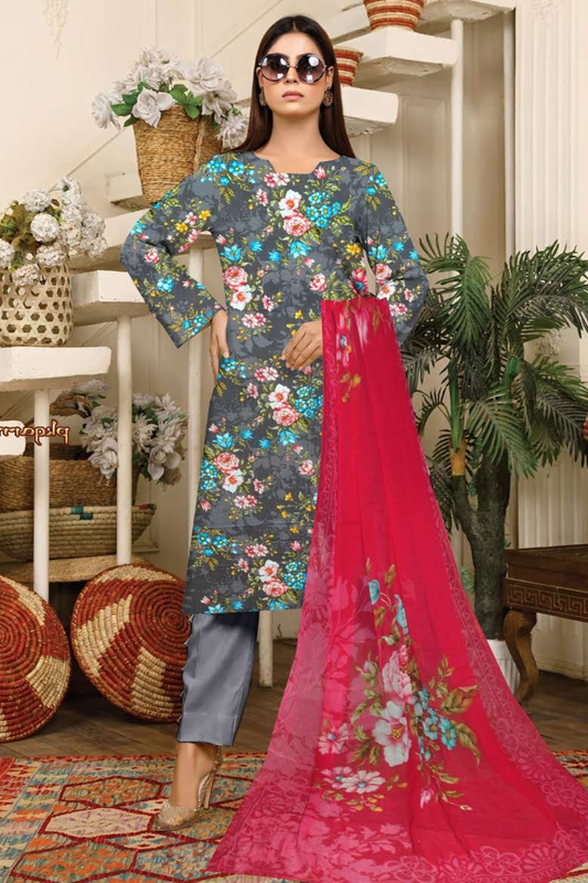 3-pc Premium Doria Viscoss Linen Printed Suit with Crinkle Chiffon Dupata (Unstitched)