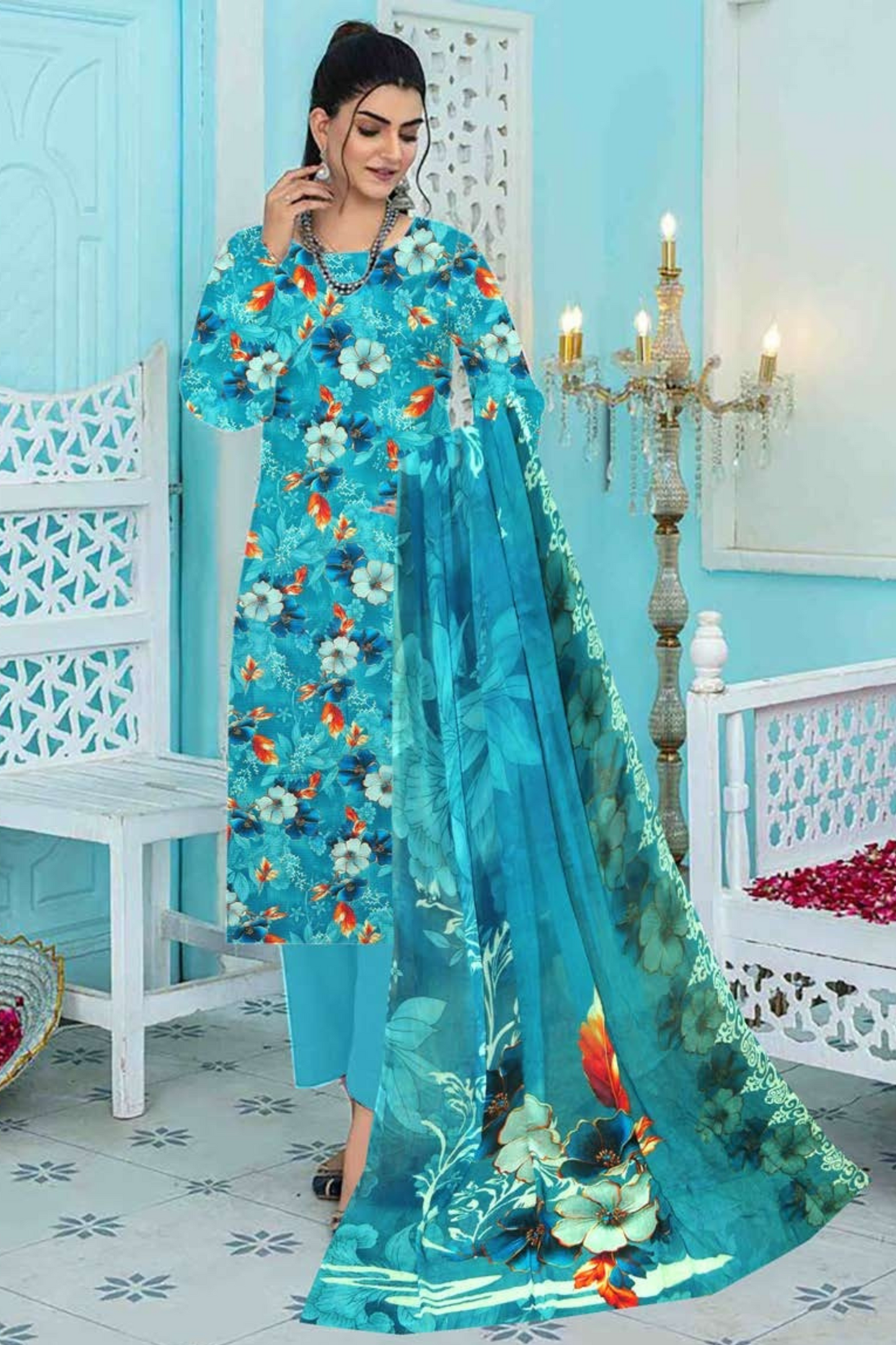 3-pc Premium Doria Viscoss Linen Printed Suit with Crinkle Chiffon Dupata (Unstitched)