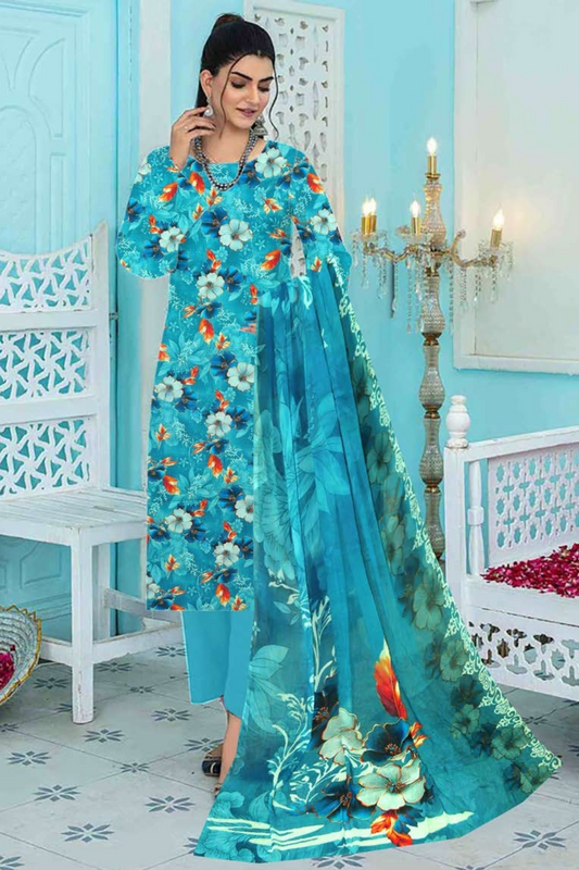 3-pc Premium Doria Viscoss Linen Printed Suit with Crinkle Chiffon Dupata (Unstitched)