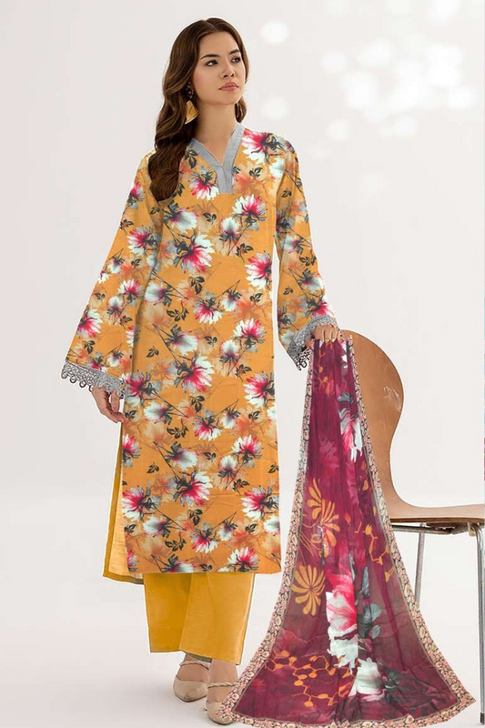 3-pc Premium Doria Viscoss Linen Printed Suit with Crinkle Chiffon Dupata (Unstitched)
