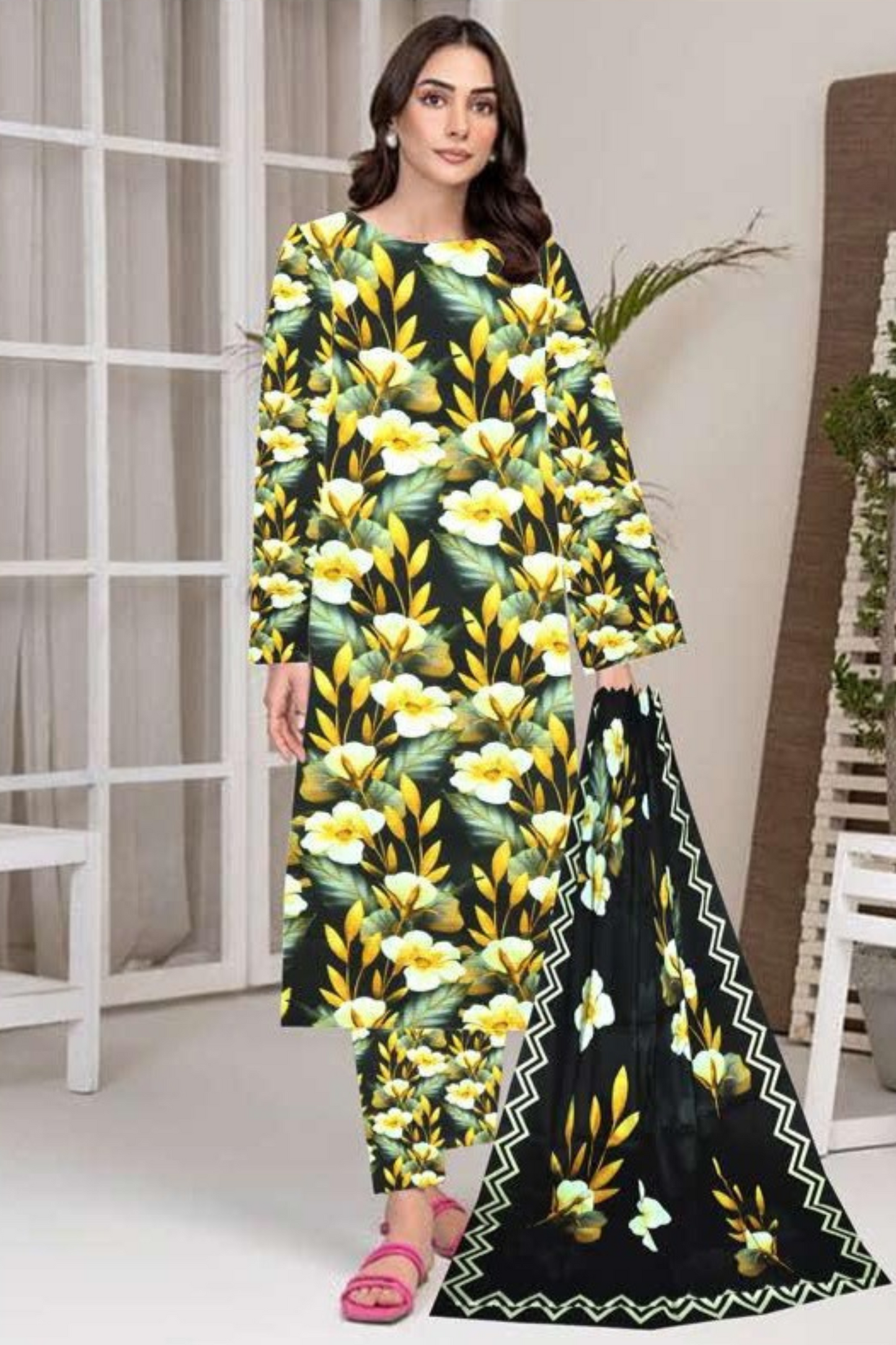 3-Pc Premium Printed Satin viscoss suit with satin viscoss Dupata(Unstitched)