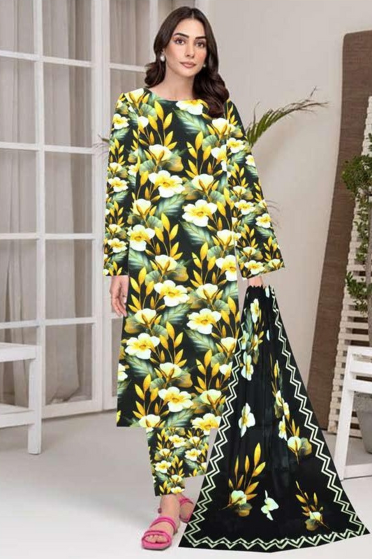 3-Pc Premium Printed Satin viscoss suit with satin viscoss Dupata(Unstitched)