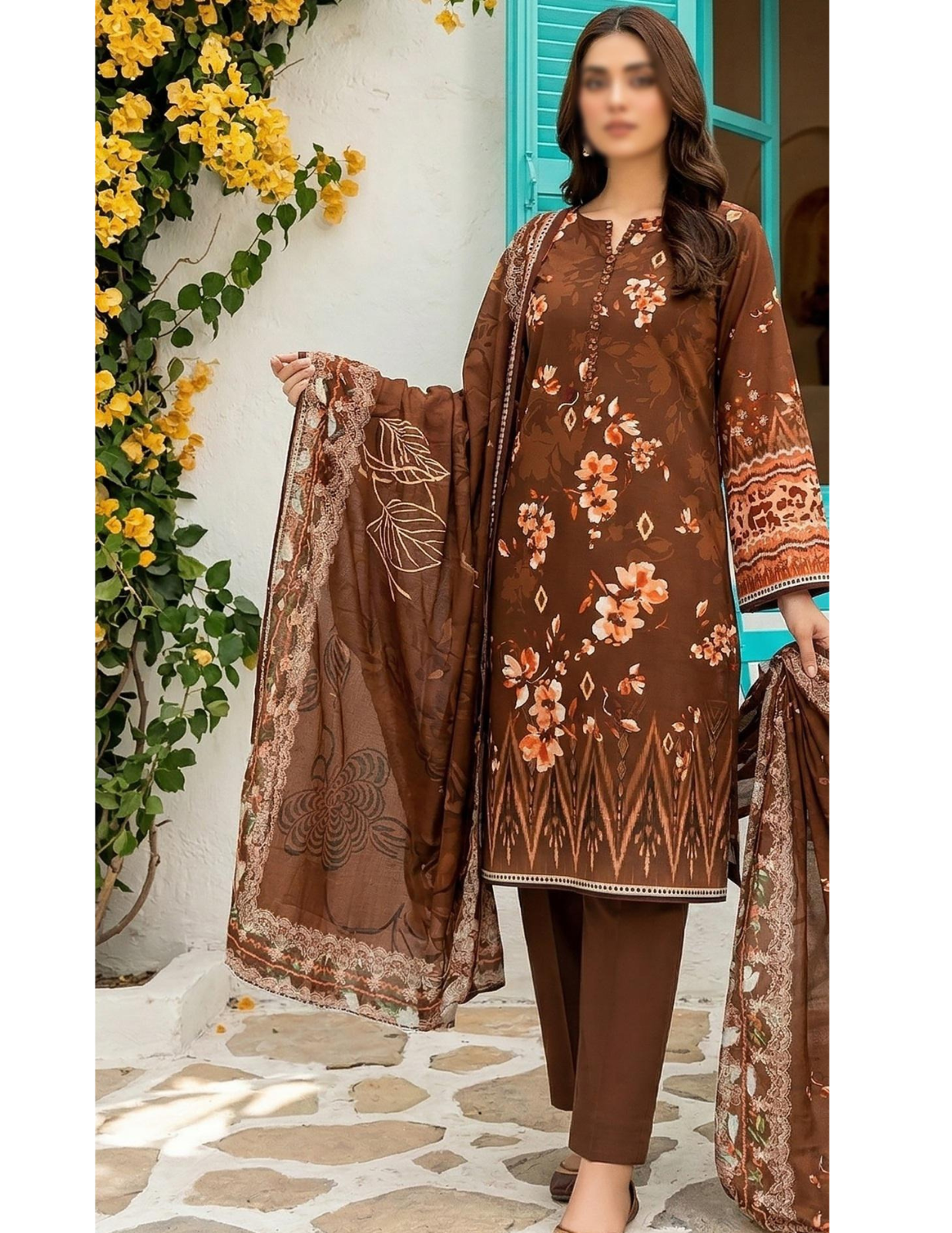 3 Piece creamy Brown Unstitched Air jet Lawn Suit